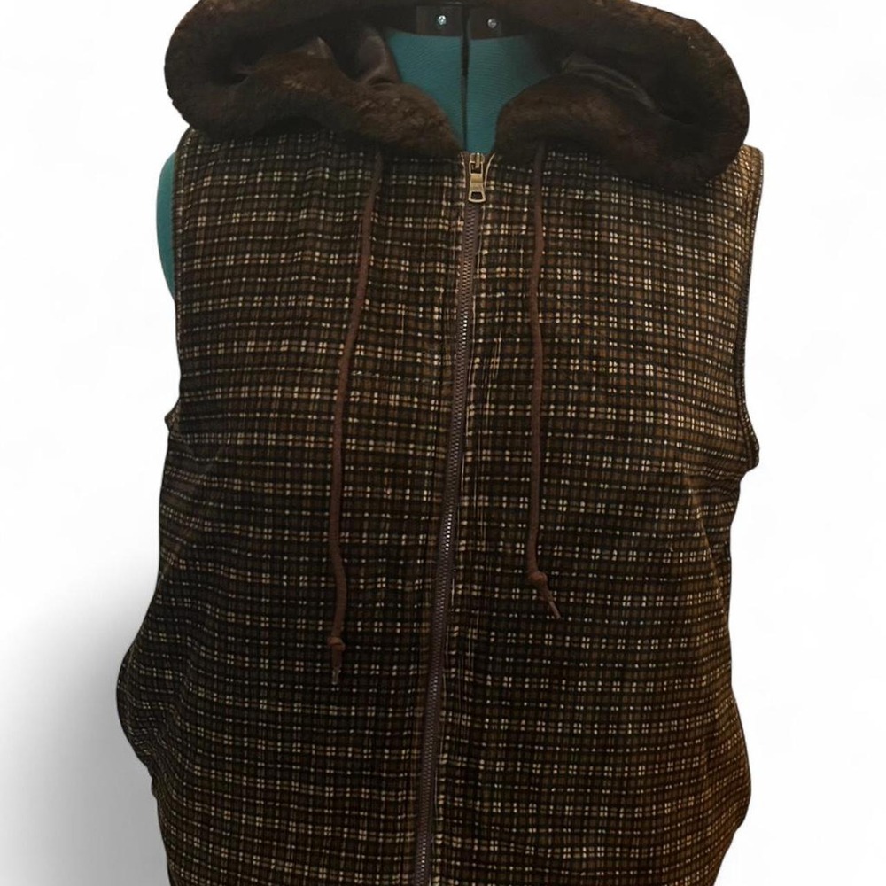 Brown plaid vest with faux fur hood